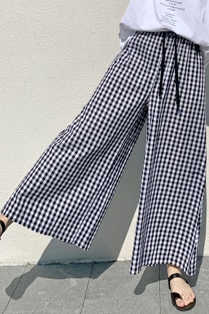 Chouyatou Women's Plaid Wide Leg Culotte Pants Gingham High Elastic Waisted Cropped Palazzo Pants with Pockets