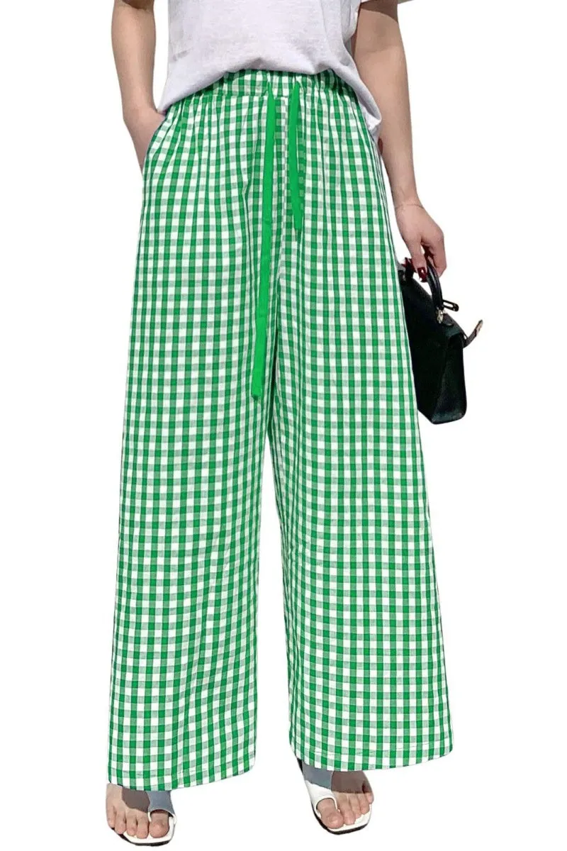 Chouyatou Women's Plaid Wide Leg Culotte Pants Gingham High Elastic Waisted Cropped Palazzo Pants with Pockets