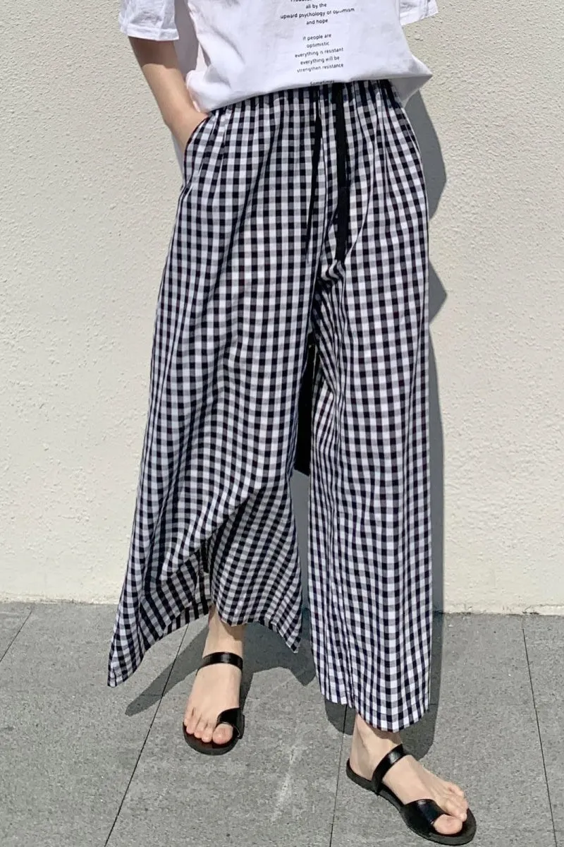 Chouyatou Women's Plaid Wide Leg Culotte Pants Gingham High Elastic Waisted Cropped Palazzo Pants with Pockets