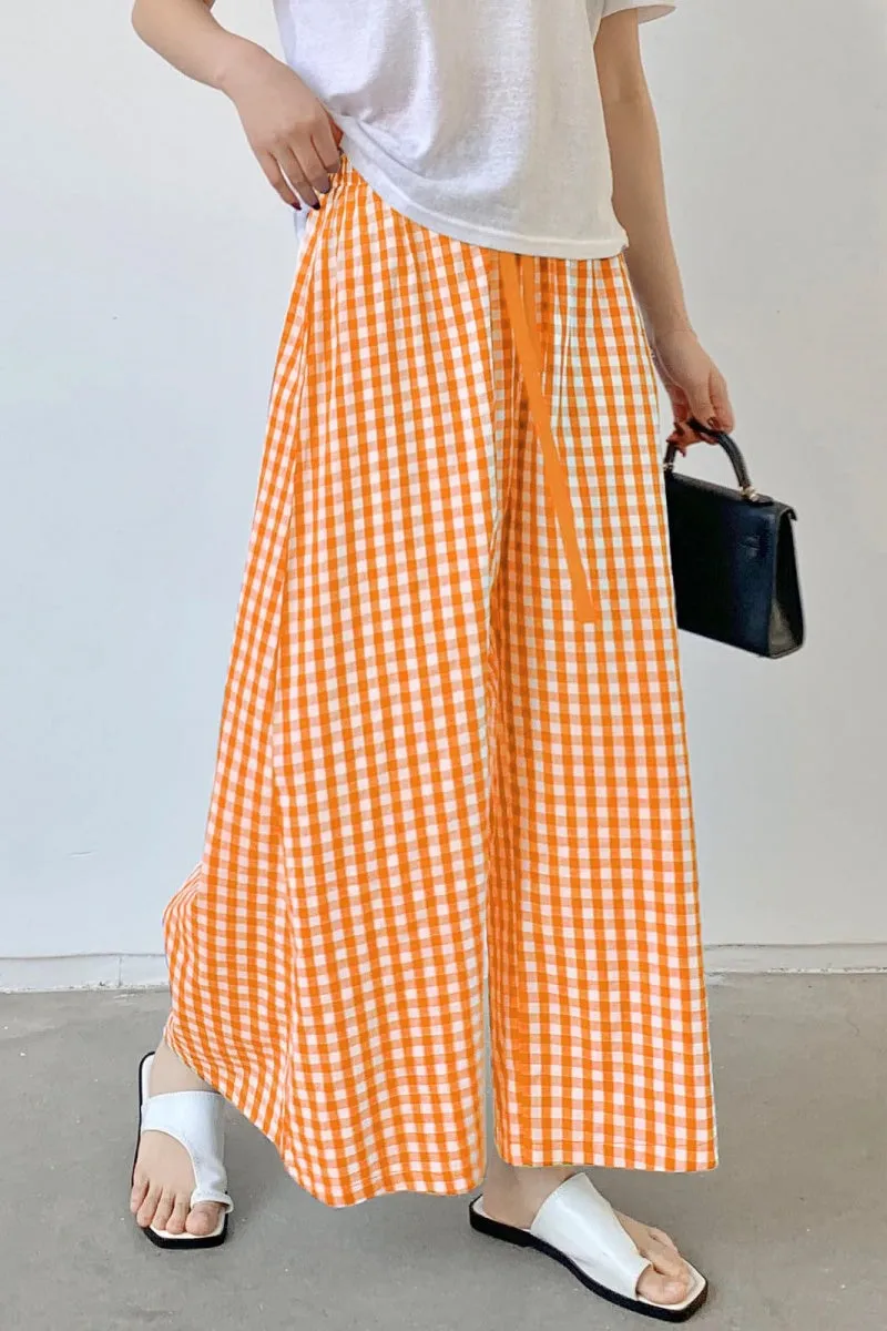 Chouyatou Women's Plaid Wide Leg Culotte Pants Gingham High Elastic Waisted Cropped Palazzo Pants with Pockets
