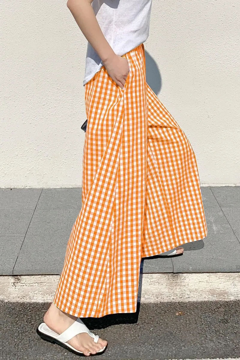 Chouyatou Women's Plaid Wide Leg Culotte Pants Gingham High Elastic Waisted Cropped Palazzo Pants with Pockets