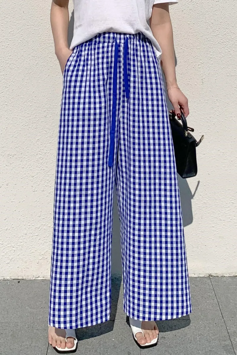 Chouyatou Women's Plaid Wide Leg Culotte Pants Gingham High Elastic Waisted Cropped Palazzo Pants with Pockets