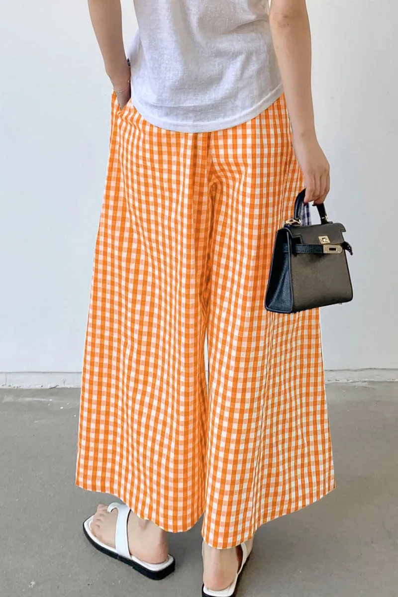 Chouyatou Women's Plaid Wide Leg Culotte Pants Gingham High Elastic Waisted Cropped Palazzo Pants with Pockets