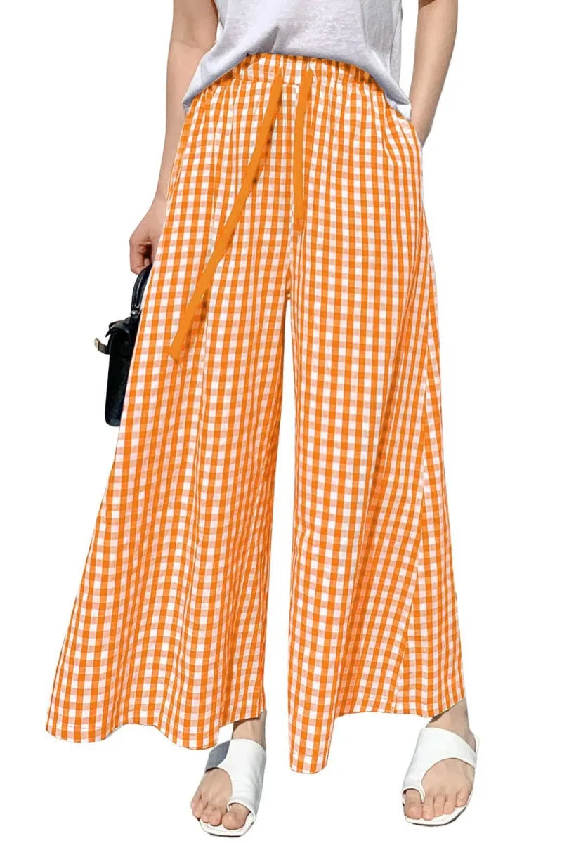 Chouyatou Women's Plaid Wide Leg Culotte Pants Gingham High Elastic Waisted Cropped Palazzo Pants with Pockets