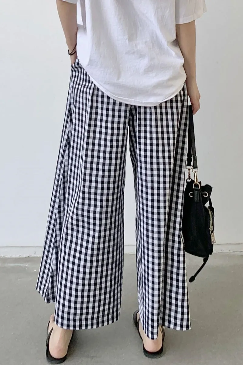 Chouyatou Women's Plaid Wide Leg Culotte Pants Gingham High Elastic Waisted Cropped Palazzo Pants with Pockets