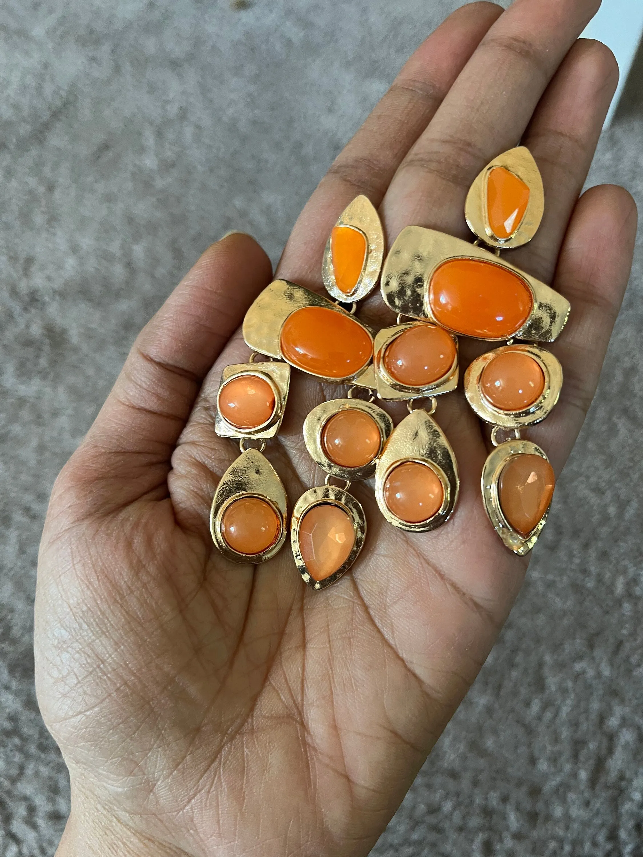 Chunky Orange earrings , large gold chandelier earrings  , vintage style ,orange earrings , long earrings , statement earrings