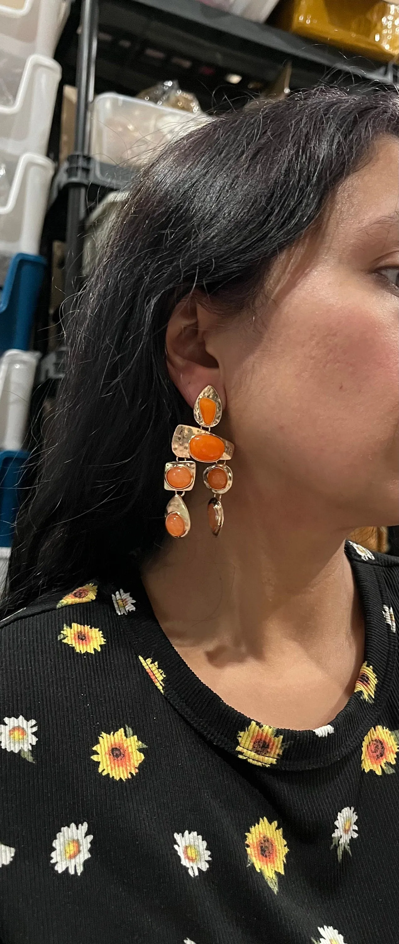 Chunky Orange earrings , large gold chandelier earrings  , vintage style ,orange earrings , long earrings , statement earrings