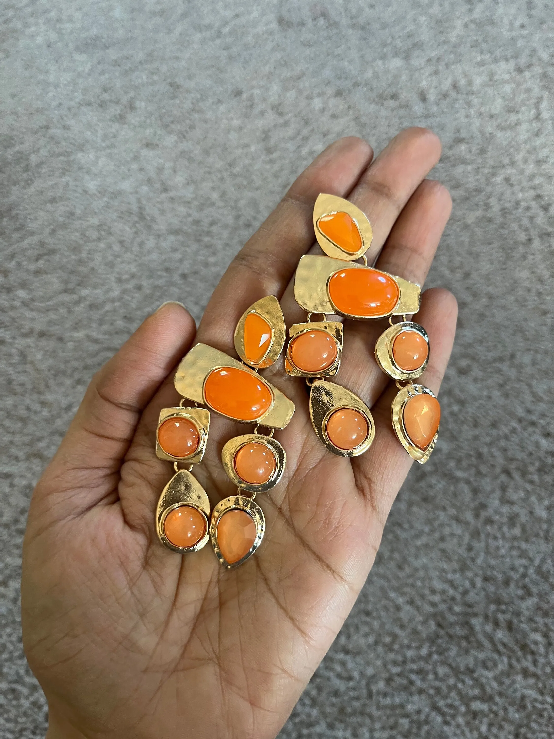 Chunky Orange earrings , large gold chandelier earrings  , vintage style ,orange earrings , long earrings , statement earrings