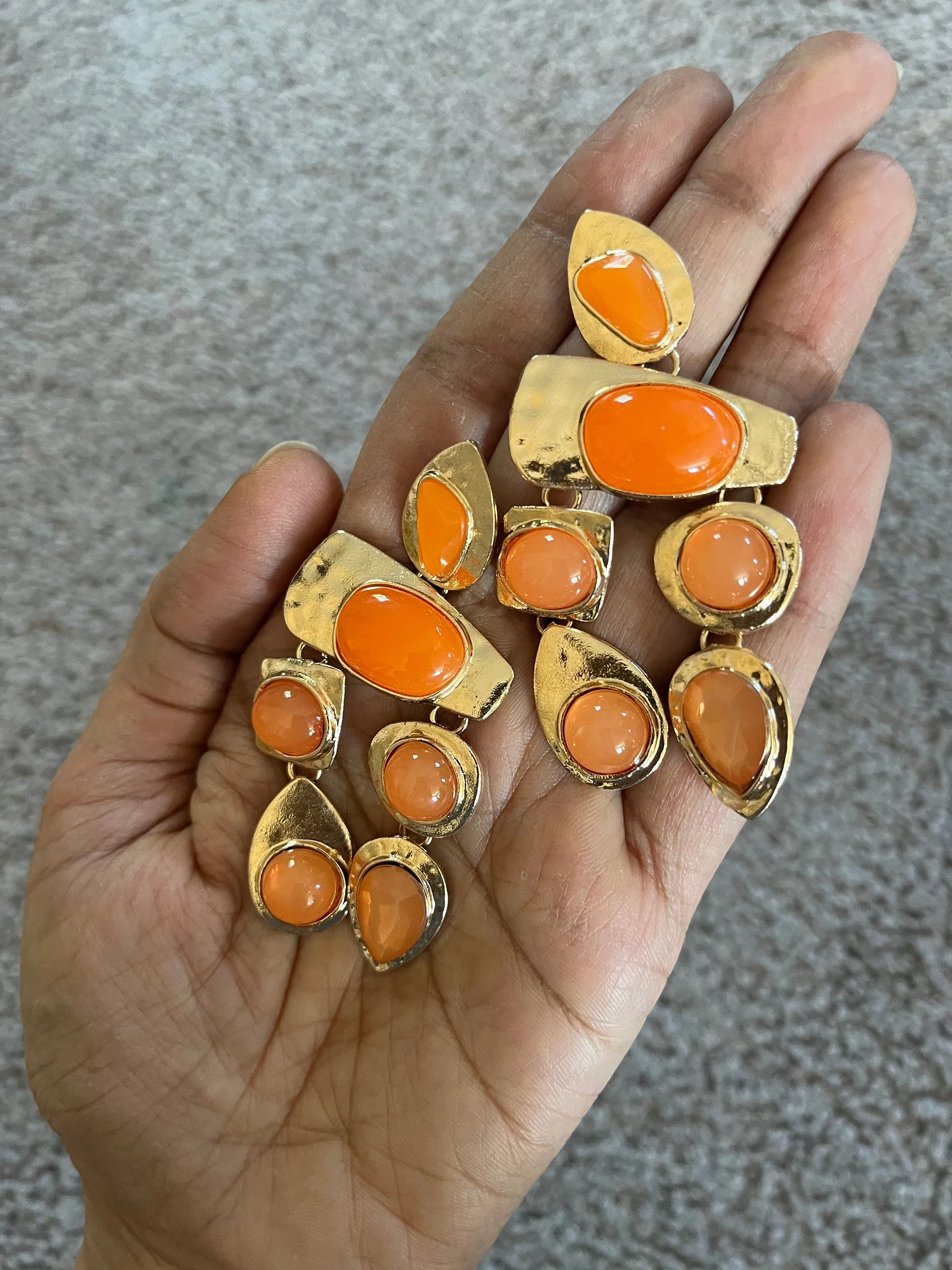 Chunky Orange earrings , large gold chandelier earrings  , vintage style ,orange earrings , long earrings , statement earrings