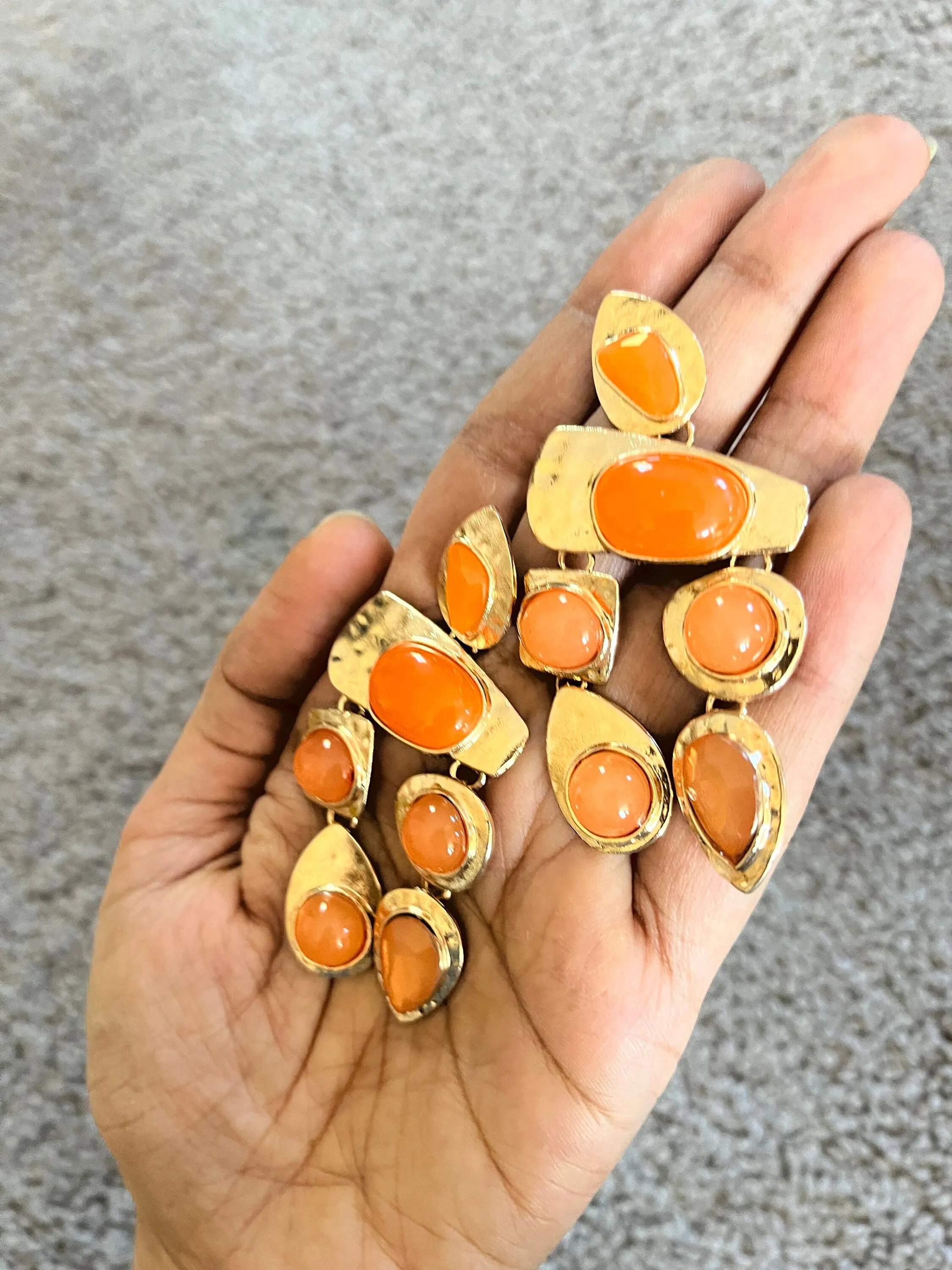Chunky Orange earrings , large gold chandelier earrings  , vintage style ,orange earrings , long earrings , statement earrings