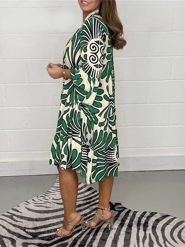 CityHottie - Women's Casual Dress Print Dress Spring Dress Floral Ruffle Button Split Neck Midi Dress Fashion Classic Outdoor Daily 3/4 Length Sleeve Regular Fit Black Blue Green Summer Spring S M L XL XXL