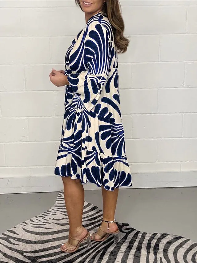 CityHottie - Women's Casual Dress Print Dress Spring Dress Floral Ruffle Button Split Neck Midi Dress Fashion Classic Outdoor Daily 3/4 Length Sleeve Regular Fit Black Blue Green Summer Spring S M L XL XXL