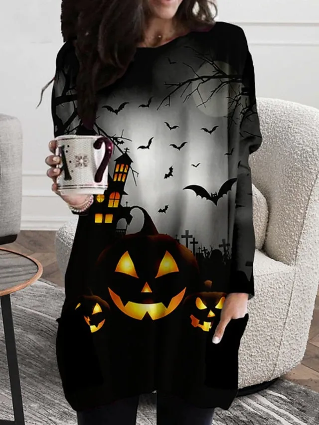 CityHottie - Women‘s Halloween Dress Casual Dress T Shirt Dress Tee Dress Shift Dress Mini Dress Black Long Sleeve Pumpkin Print Fall Winter Autumn Crew Neck Stylish Loose Fit 2024 XXS XS S M L XL 2XL 3XL 4XL 5XL