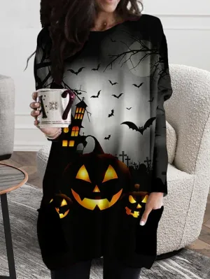CityHottie - Women‘s Halloween Dress Casual Dress T Shirt Dress Tee Dress Shift Dress Mini Dress Black Long Sleeve Pumpkin Print Fall Winter Autumn Crew Neck Stylish Loose Fit 2024 XXS XS S M L XL 2XL 3XL 4XL 5XL