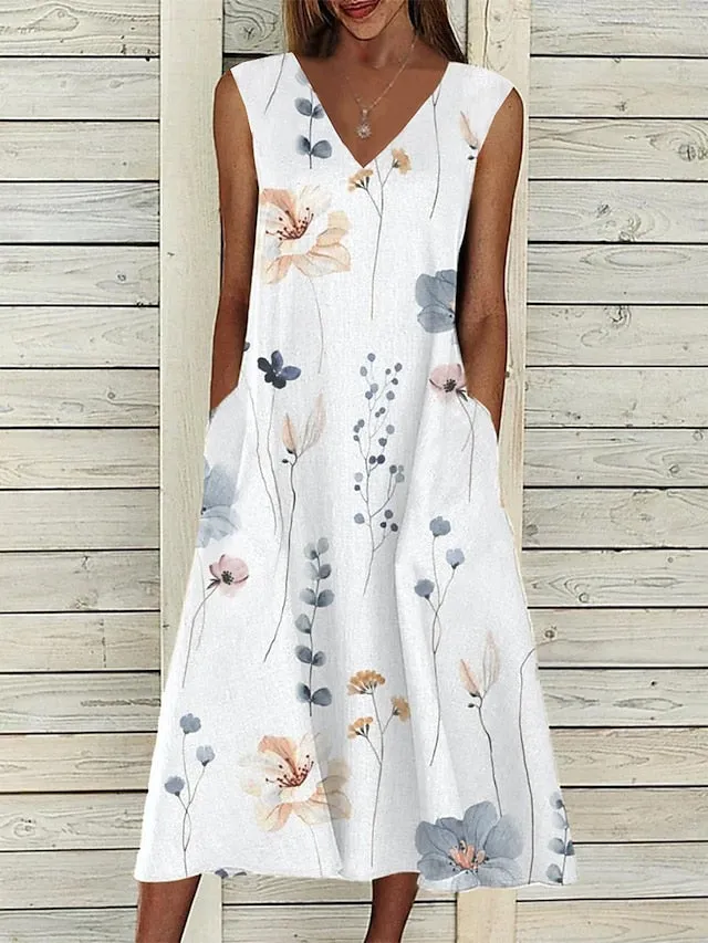 CityHottie - Women's Two Piece Dress Set Casual Dress Print Dress Outdoor Daily Fashion Elegant Pocket Print Midi Dress V Neck Half Sleeve Floral Regular Fit Pink Blue Purple Summer Spring S M L XL XXL