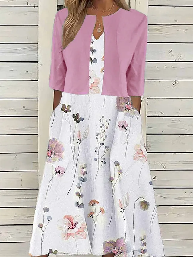 CityHottie - Women's Two Piece Dress Set Casual Dress Print Dress Outdoor Daily Fashion Elegant Pocket Print Midi Dress V Neck Half Sleeve Floral Regular Fit Pink Blue Purple Summer Spring S M L XL XXL