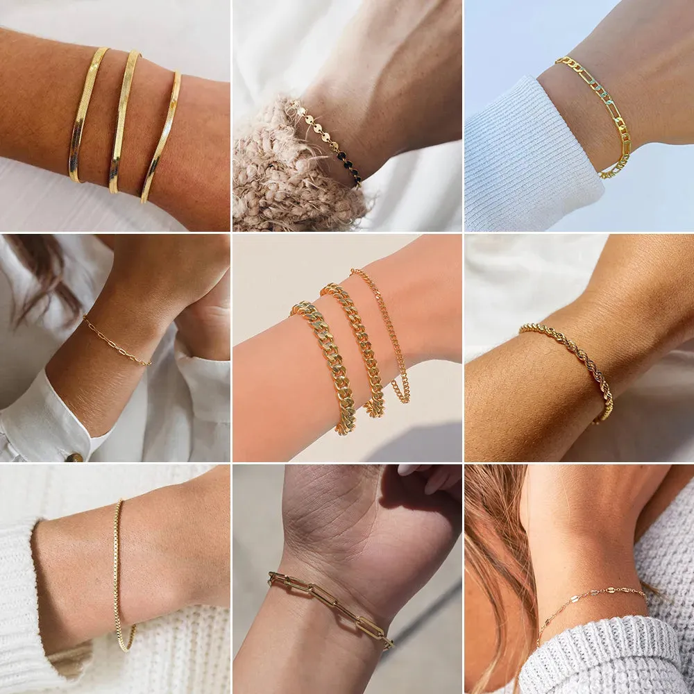 Classic Gold Chain Bracelets for Women Trendy 14K Gold Plated Stainless Steel Herringbone Chain Stackable Figaro Chain Paperclip Link Bracelets