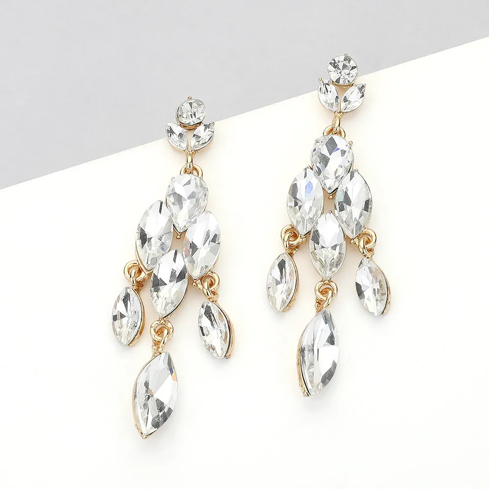 Clear Marquise Stone Cluster Chandelier Pageant Earrings on Gold | Clear on Gold Dangle Earrings |  649815