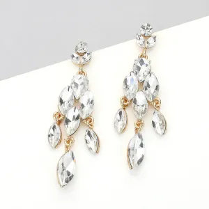 Clear Marquise Stone Cluster Chandelier Pageant Earrings on Gold | Clear on Gold Dangle Earrings |  649815