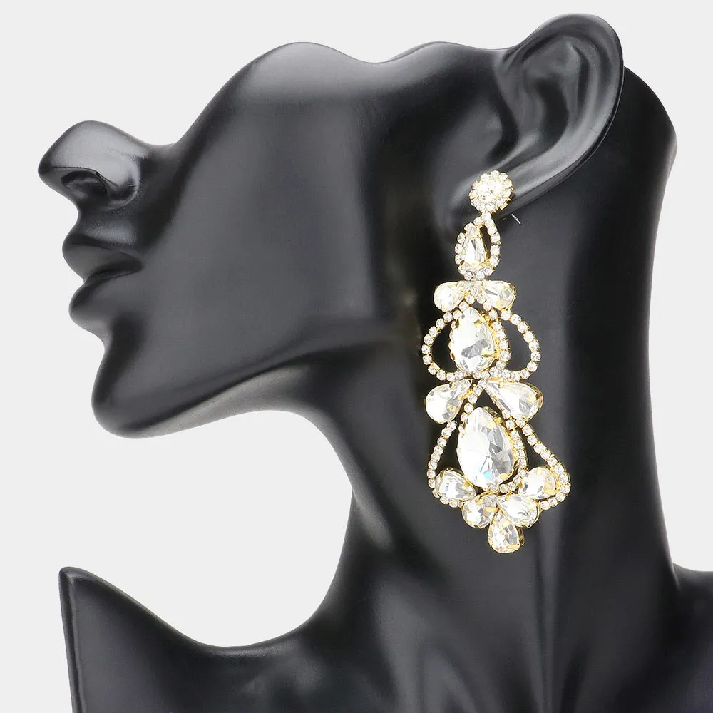 Clear Teardrop Cluster Chandelier Pageant Earrings on Gold | Clear Evening Earrings |  630815