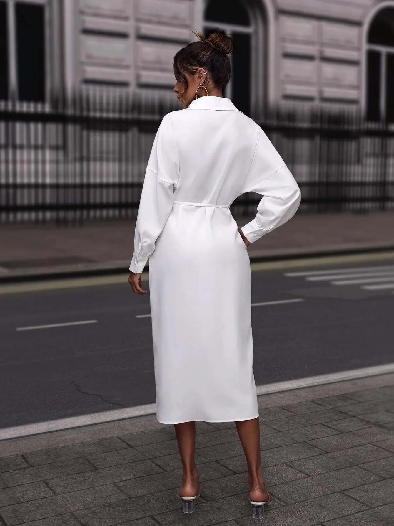 CM-DS006705 Women Casual Seoul Style Drop Shoulder Self-tie Wrap Shirt Dress - White