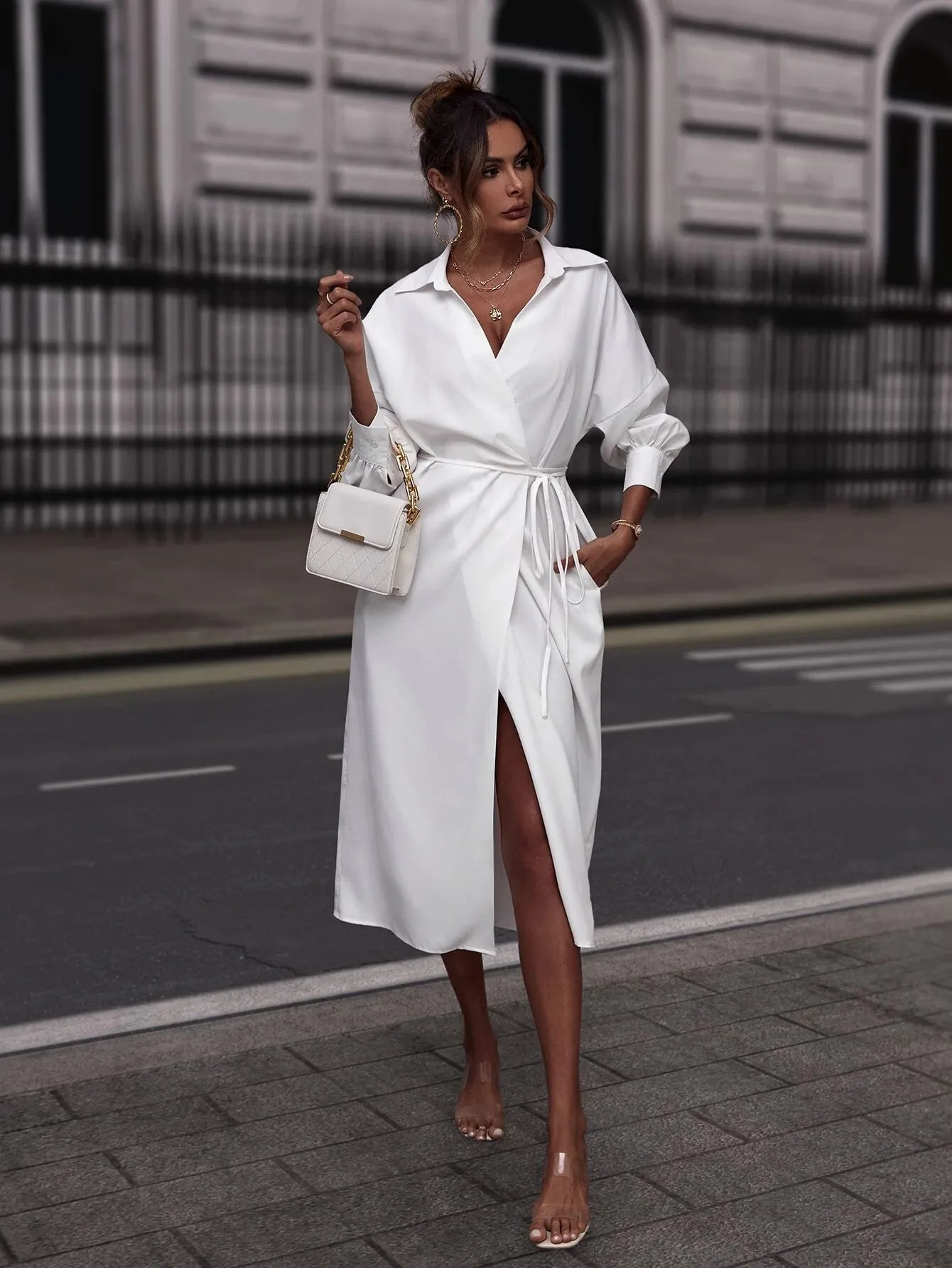 CM-DS006705 Women Casual Seoul Style Drop Shoulder Self-tie Wrap Shirt Dress - White