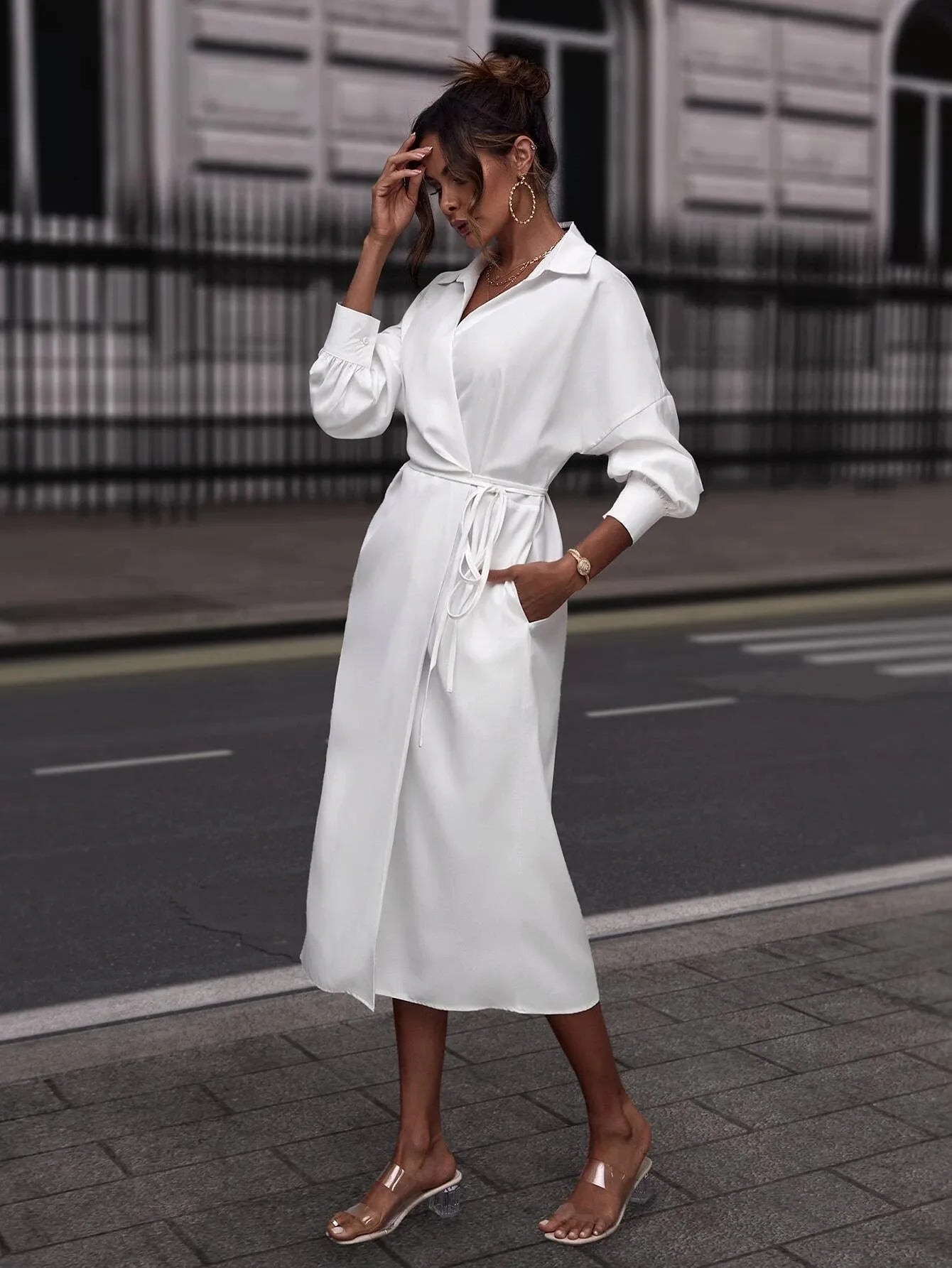 CM-DS006705 Women Casual Seoul Style Drop Shoulder Self-tie Wrap Shirt Dress - White