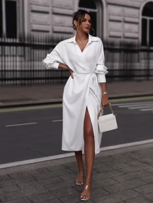 CM-DS006705 Women Casual Seoul Style Drop Shoulder Self-tie Wrap Shirt Dress - White