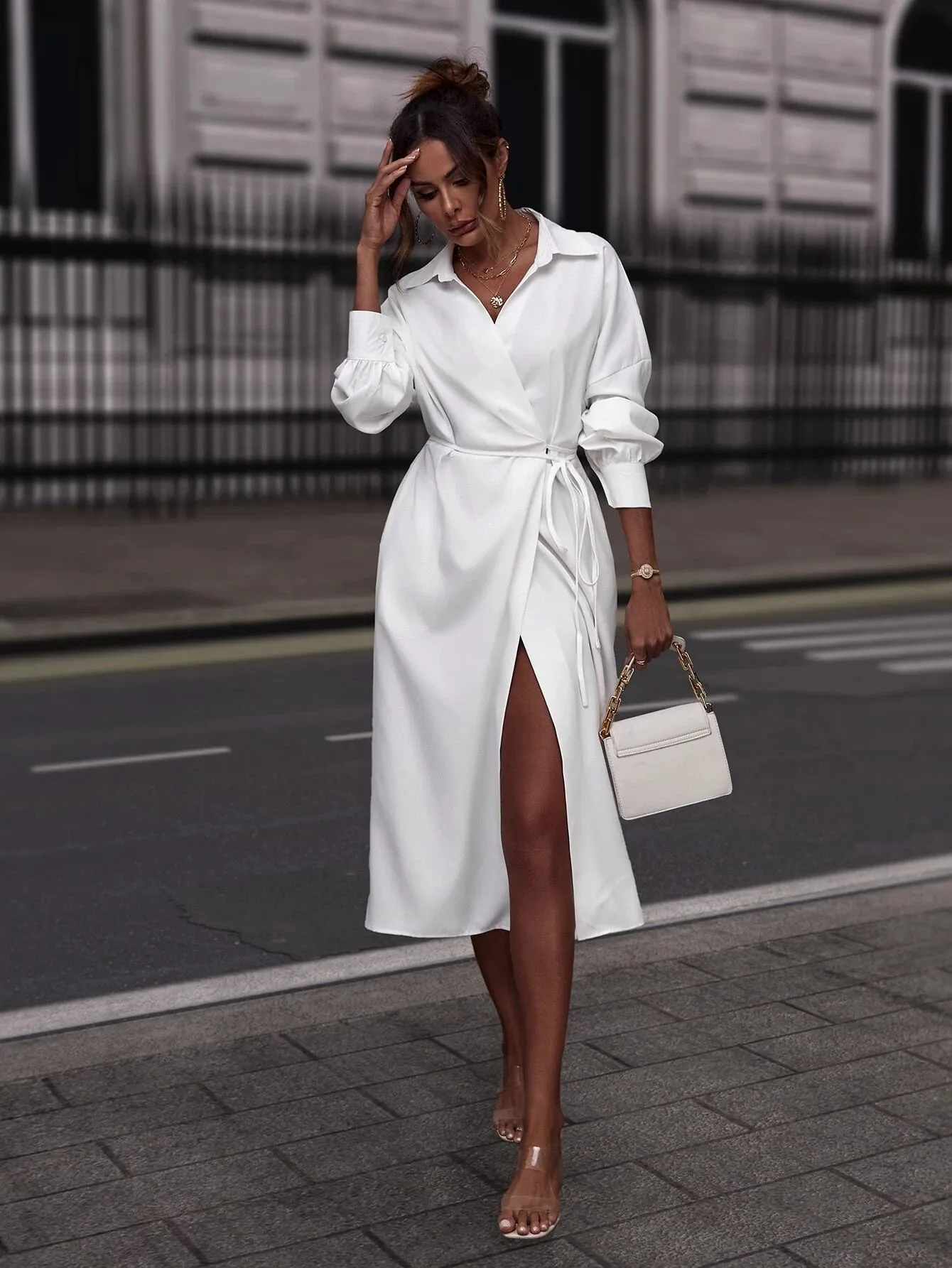 CM-DS006705 Women Casual Seoul Style Drop Shoulder Self-tie Wrap Shirt Dress - White
