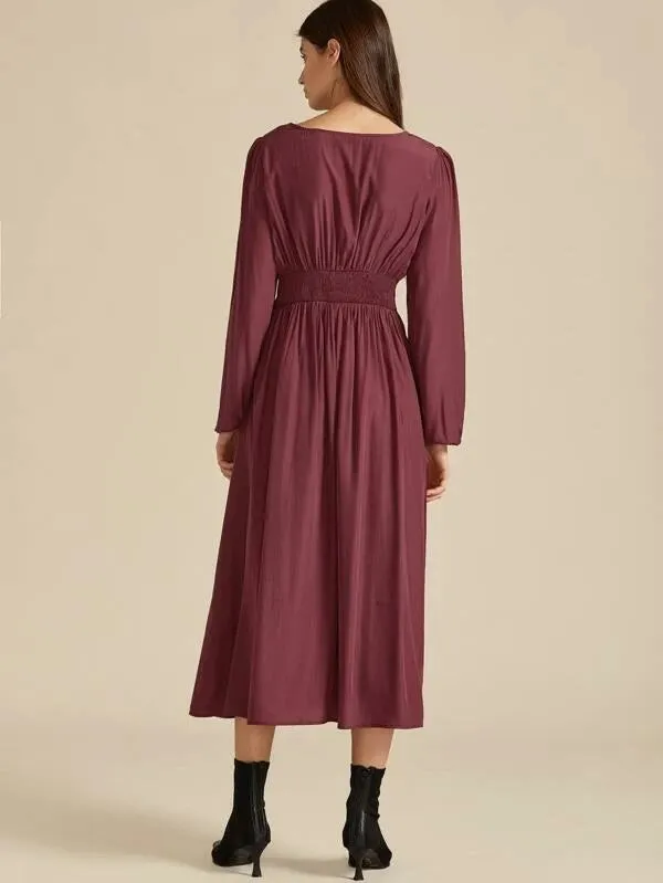 CM-DS007402 Women Casual Seoul Style Long Sleeve Twist Shirred Back A-Line Dress - Wine Red