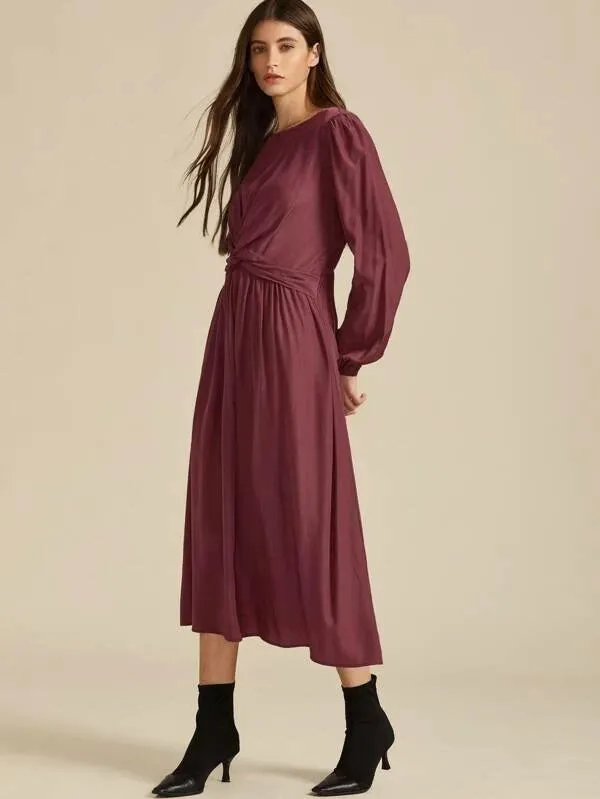 CM-DS007402 Women Casual Seoul Style Long Sleeve Twist Shirred Back A-Line Dress - Wine Red