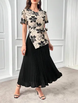 CM-DS085844 Women Elegant Seoul Style Floral Print Knot Side Pleated Hem 2 In 1 Dress