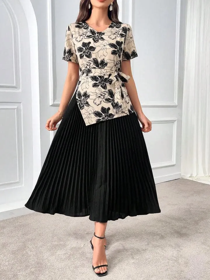 CM-DS085844 Women Elegant Seoul Style Floral Print Knot Side Pleated Hem 2 In 1 Dress