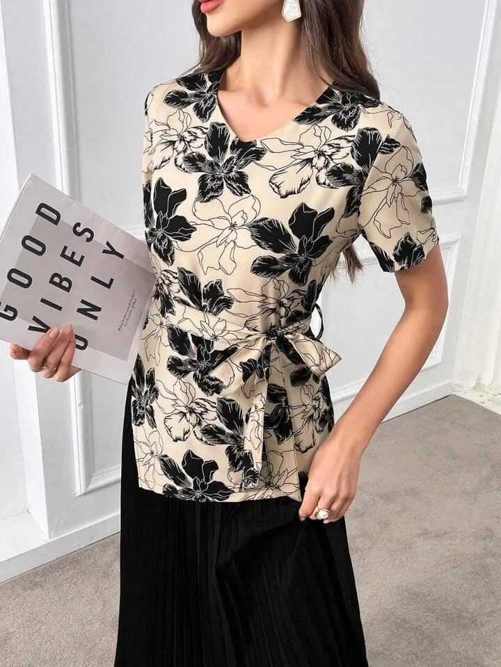 CM-DS085844 Women Elegant Seoul Style Floral Print Knot Side Pleated Hem 2 In 1 Dress