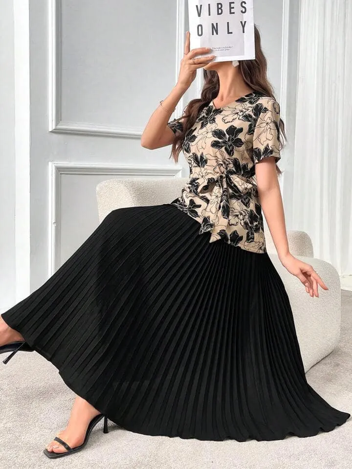 CM-DS085844 Women Elegant Seoul Style Floral Print Knot Side Pleated Hem 2 In 1 Dress