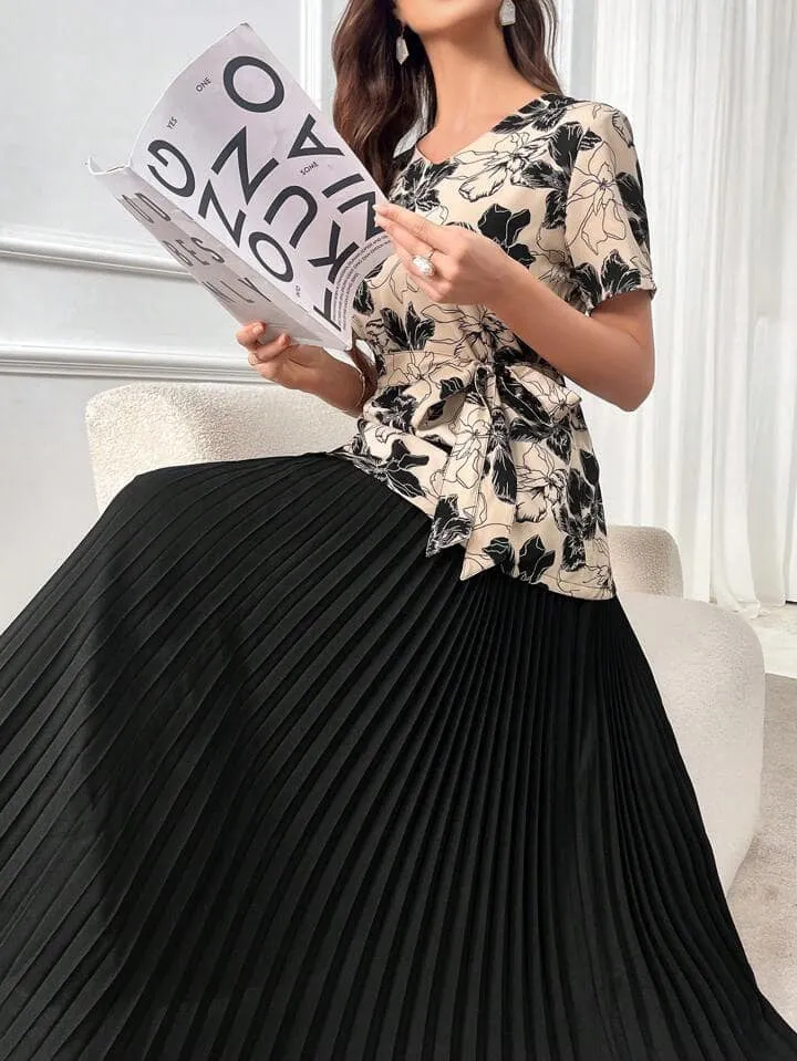 CM-DS085844 Women Elegant Seoul Style Floral Print Knot Side Pleated Hem 2 In 1 Dress