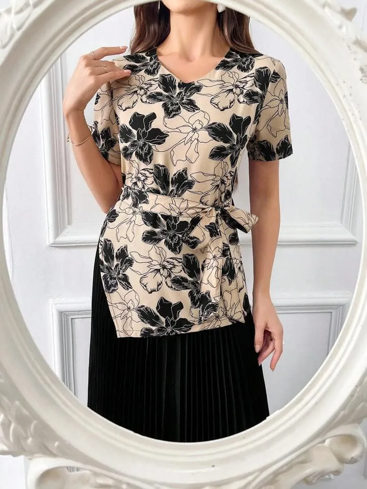 CM-DS085844 Women Elegant Seoul Style Floral Print Knot Side Pleated Hem 2 In 1 Dress