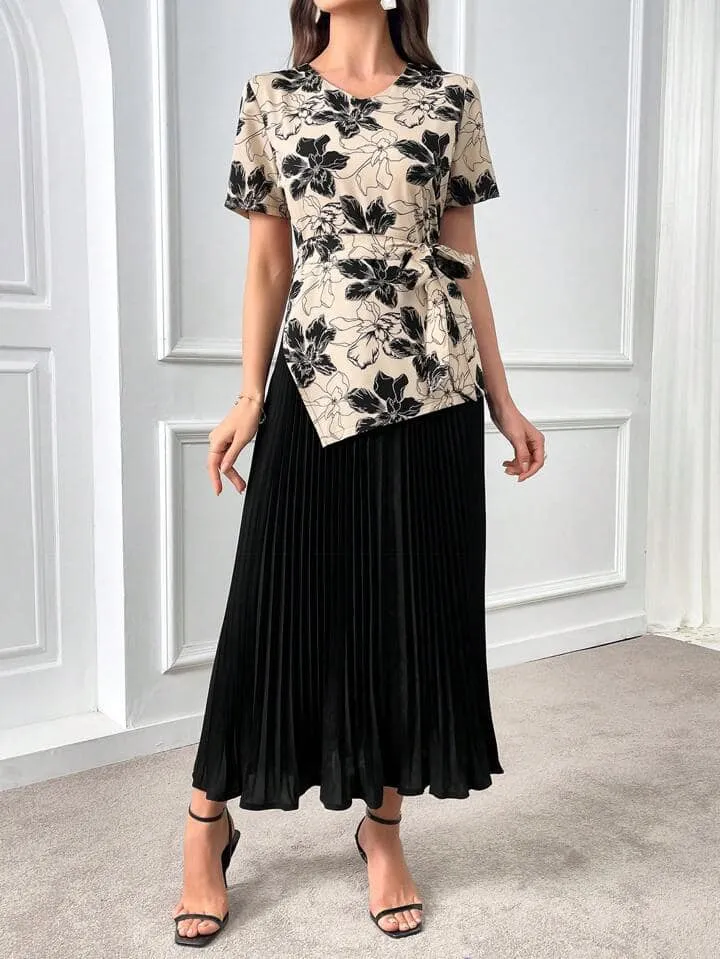 CM-DS085844 Women Elegant Seoul Style Floral Print Knot Side Pleated Hem 2 In 1 Dress
