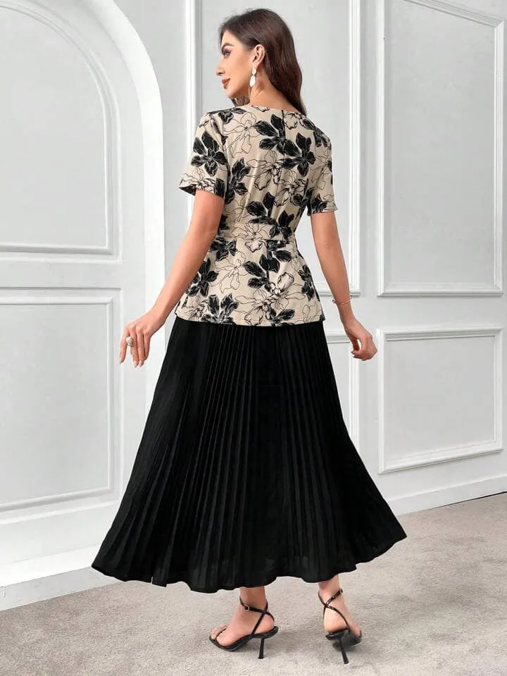 CM-DS085844 Women Elegant Seoul Style Floral Print Knot Side Pleated Hem 2 In 1 Dress