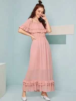 CM-DS202426 Women Casual Seoul Style Ruffle Frill Trim Cold Shoulder A-Line Dress - Pink