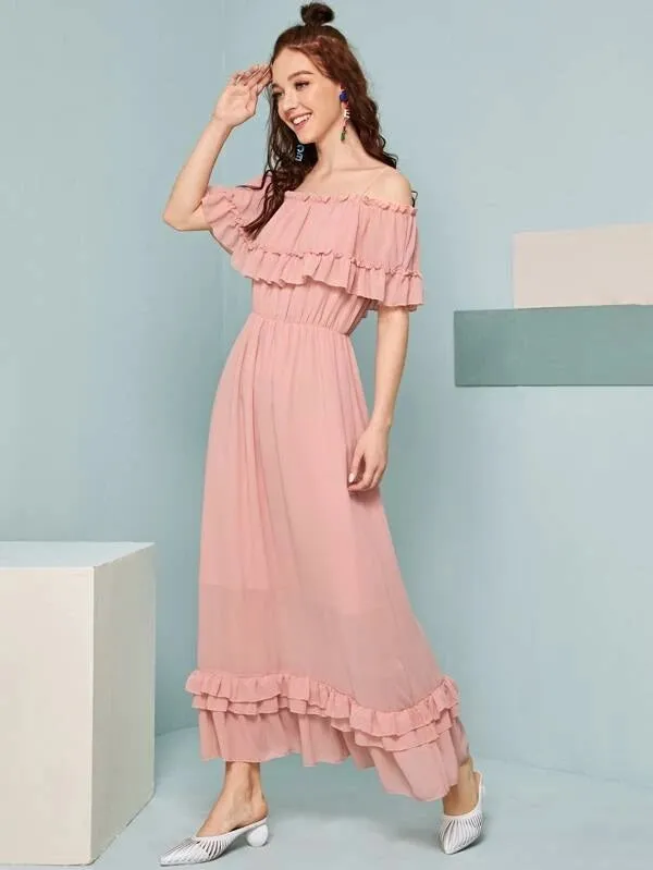 CM-DS202426 Women Casual Seoul Style Ruffle Frill Trim Cold Shoulder A-Line Dress - Pink