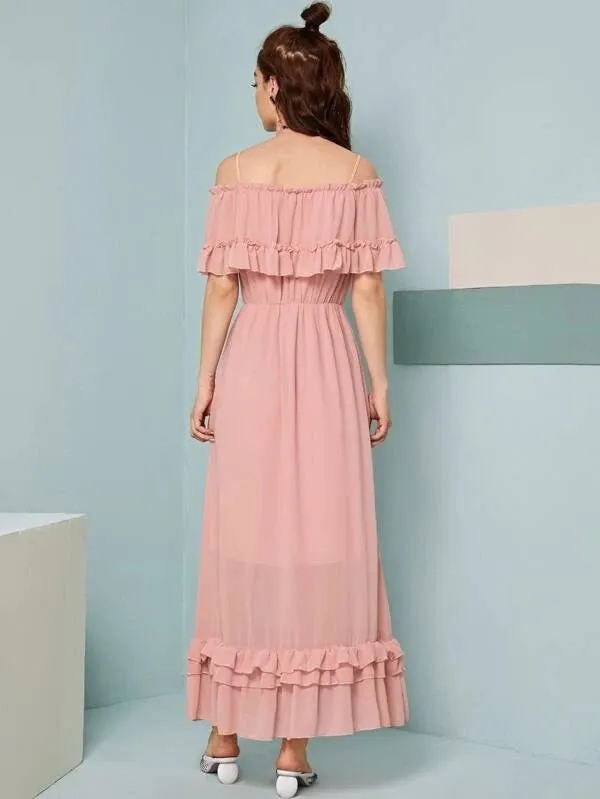 CM-DS202426 Women Casual Seoul Style Ruffle Frill Trim Cold Shoulder A-Line Dress - Pink