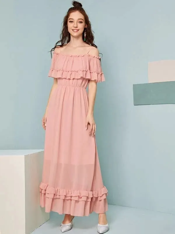 CM-DS202426 Women Casual Seoul Style Ruffle Frill Trim Cold Shoulder A-Line Dress - Pink