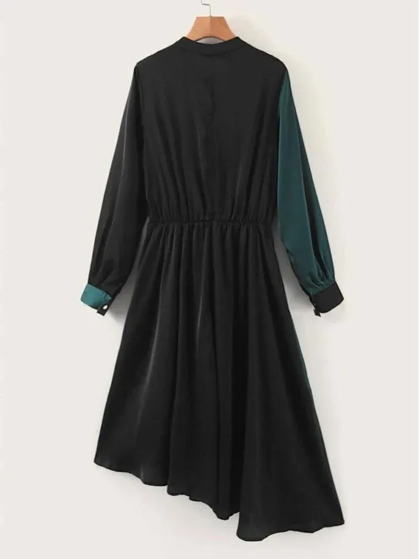 CM-DS203950 Women Casual Seoul Style Notched Neck Asymmetrical Hem Spliced Dress