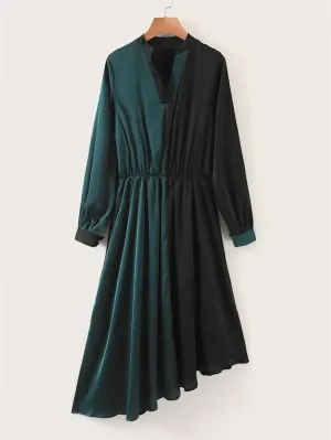 CM-DS203950 Women Casual Seoul Style Notched Neck Asymmetrical Hem Spliced Dress