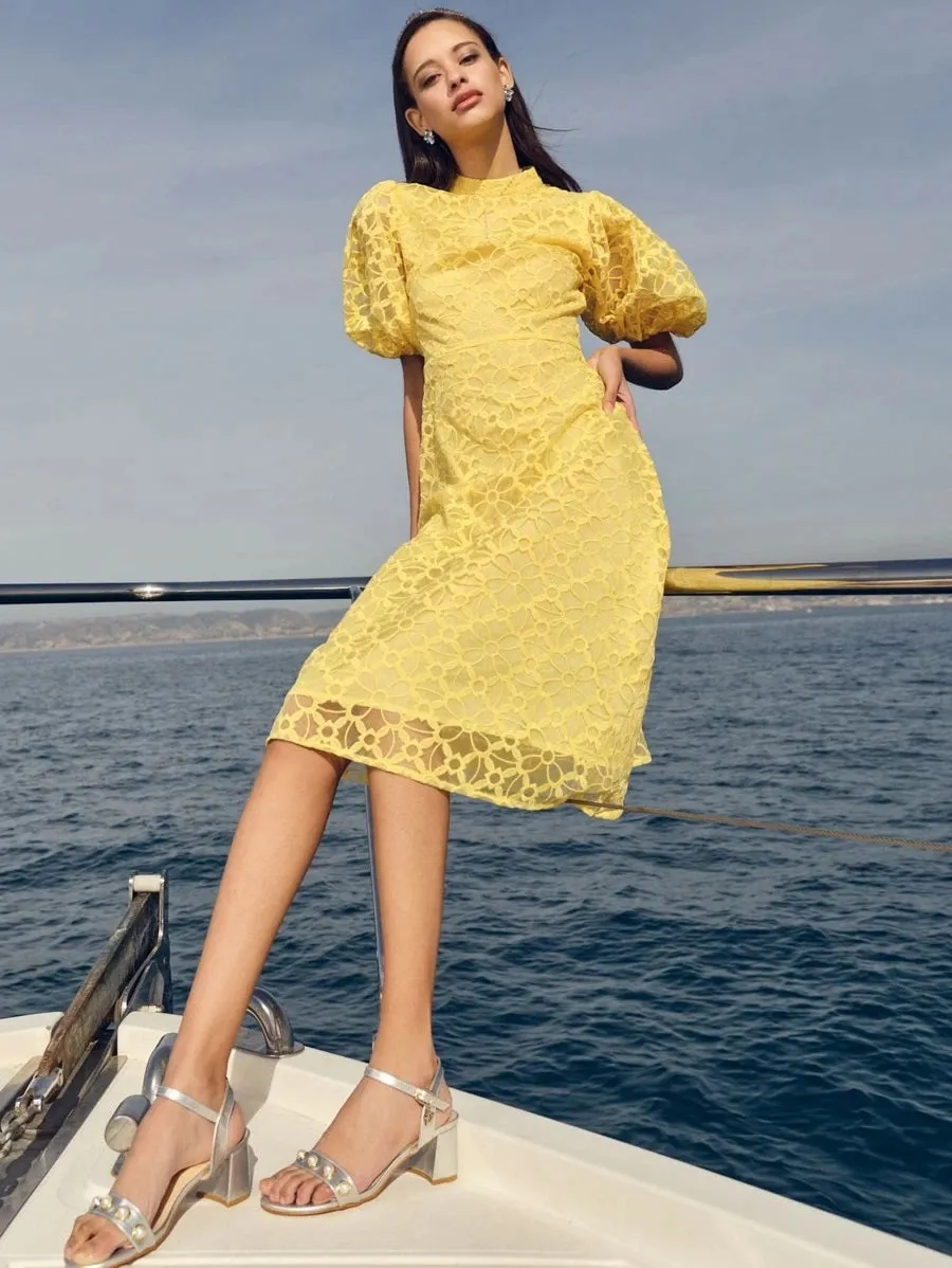 CM-DS206542 Women Elegant Seoul Style Mock-Neck Puff Sleeve Embroidery Mesh Dress - Yellow