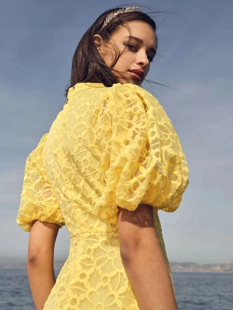 CM-DS206542 Women Elegant Seoul Style Mock-Neck Puff Sleeve Embroidery Mesh Dress - Yellow
