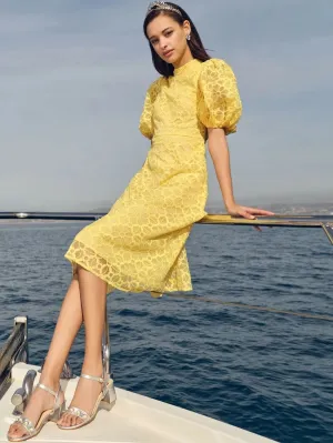CM-DS206542 Women Elegant Seoul Style Mock-Neck Puff Sleeve Embroidery Mesh Dress - Yellow
