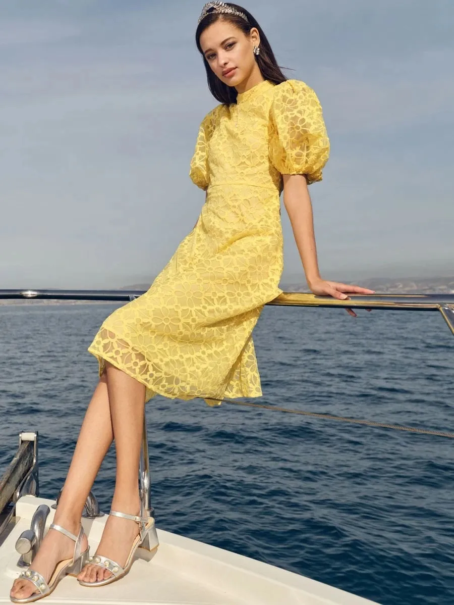 CM-DS206542 Women Elegant Seoul Style Mock-Neck Puff Sleeve Embroidery Mesh Dress - Yellow