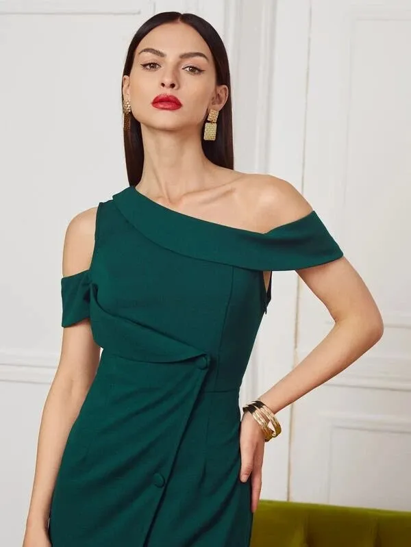 CM-DS215686 Women Elegant Seoul Style Asymmetrical Neck Wrap Hem Dress - Dark Green